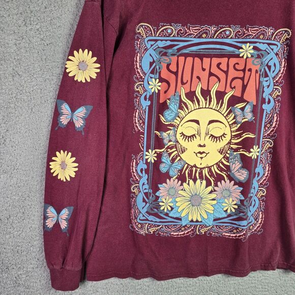 Obsessive Love Boho Graphic T-Shirt Maroon Sunset Moonlight Butterflies Festival - Picture 6 of 8